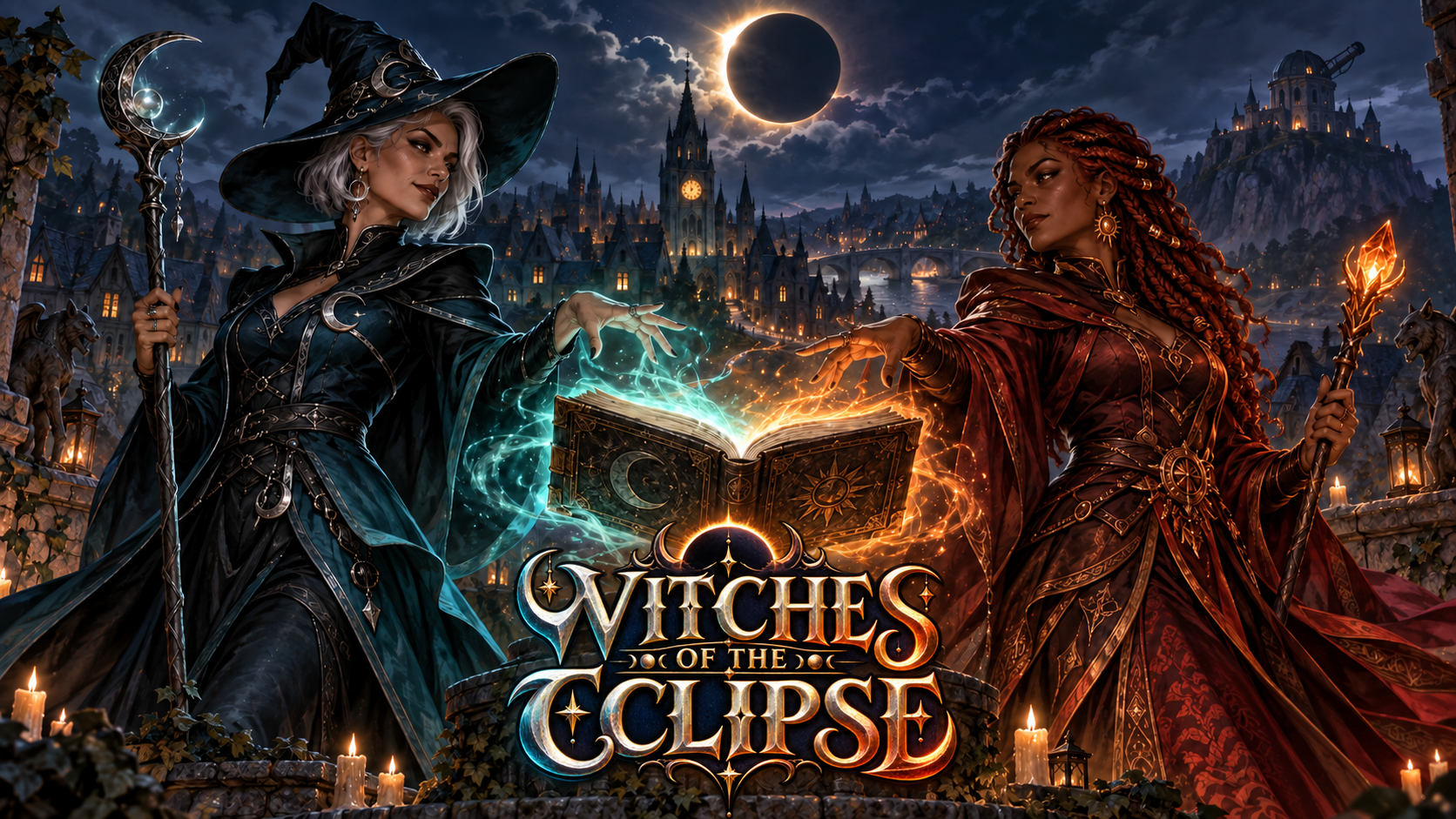 Banner de Witches of the Eclipse com as duas bruxas e o logo do jogo