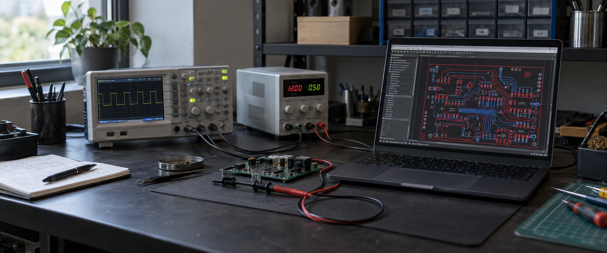Bancada de eletrônica com osciloscópio, fonte e notebook
